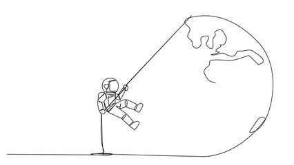 Poster - Self drawing animation of continuous one line drawing astronaut climbing globe with rope. Trying dominate the world with massive business expansion. Success reach top the world. Full length animated