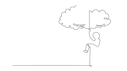 Poster - Animation of single continuous line drawing young astronaut climbing clouds with the rope. A metaphor for hanging dreams sky high. Ultimate success. Hard worker. Work smarter. Full length motion