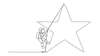 Poster - Animation of single one line drawing young astronaut climbing star with the rope. Entrepreneurs strive extra hard to reach the goals hang in the stars. Dream come true. Full length motion