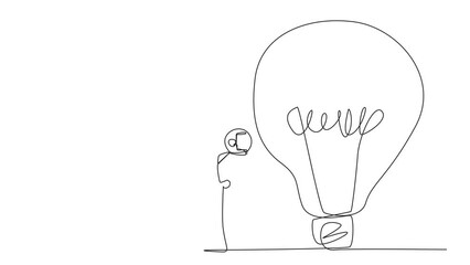 Poster - Animated self drawing of single one line drawing astronaut climbing lightbulb with rope. Trying to reach high places to get useful fresh ideas. The company's benefit. Full length single line animation