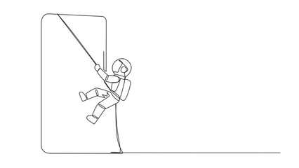 Poster - Self drawing animation of single one line drawing astronaut climbing smartphone with rope. Improve business relationships. Massively contact old friends. Connected to each other. Full length animated