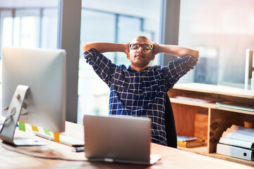 Aufkleber - Finish, man and graphic designer in office to relax for complete task, break and news by computer. End, laptop and creative worker in startup workplace for resting, calm peace and stretching arms