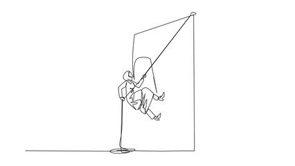 Poster - Self drawing animation of single one line drawing Arabian businesswoman climbs shield with rope. Works to help clients secure data from virus attacks. Check each layer. Work hard. Full length animated