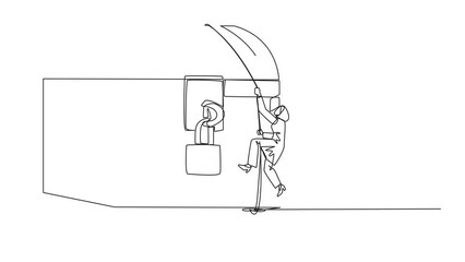 Poster - Animation of single one line drawing Arab businesswoman climbs treasure chest with rope. Do the best business to achieve lots of rewards. Result of hard work. Work hard. Full length motion