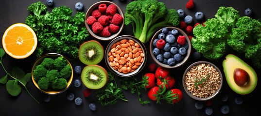 flat lay of colorful fruits vegetables and grains