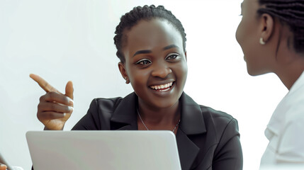 Wall Mural - African corporate woman pointing at a colleague's laptop