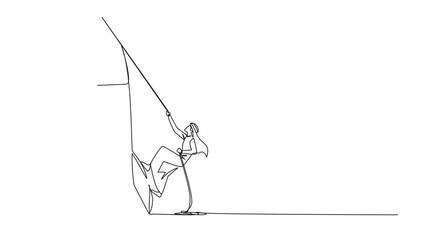 Poster - Self drawing animation of single one line drawing Arab businessman climbs rocket with rope. Set the intention to open a new branch. Work hard to expand business. Smart hard work. Full length animated