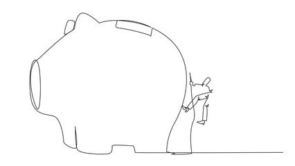 Poster - Self drawing animation of single continuous line drawing businesswoman climbing piggy bank with rope. Entrepreneur working hard to make investments for retirement. Smart worker. Full length animated