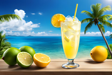 The cold lemonade of the beach bar, the background of the tropical ocean,
Summer Beach Background Poster Banner Illustration Design, ai