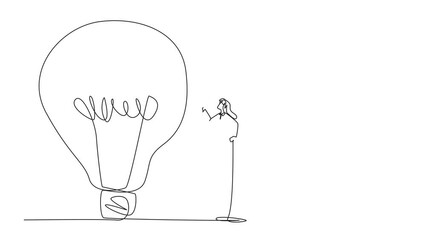 Poster - Self drawing animation of continuous one line drawing businesswoman climbing lightbulb with rope. Trying to reach high places to get useful fresh ideas. For the company's benefit. Full length animated