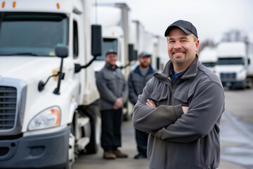 Confident male truck driver with arms crossed in focus, with his supportive team and trucks blurred in the background