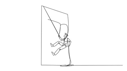 Poster - Animated self drawing of single continuous line drawing businessman climbs shield with rope. Working help clients secure servers from virus attacks. IT entrepreneur. Full length single line animation