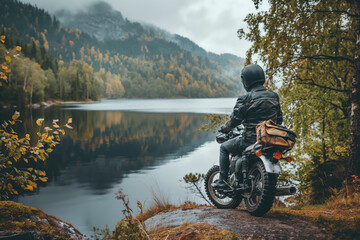 Man parked on his motorcycle by a serene lake, surrounded by autumn foliage, contemplating nature in peaceful solitude