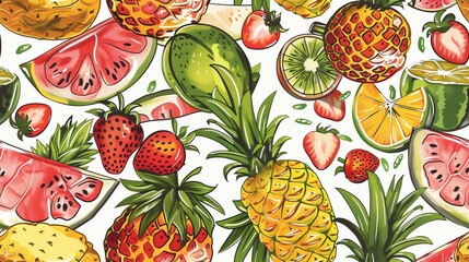 Seamless pattern of hand-drawn summer fruits like watermelons, pineapples, and strawberries, creating a fresh and vibrant design