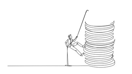 Poster - Animated self drawing of single one line drawing businessman climbs stack of coins with rope. The entrepreneur trying hard climbing the rope to reach top of coins. Full length single line animation
