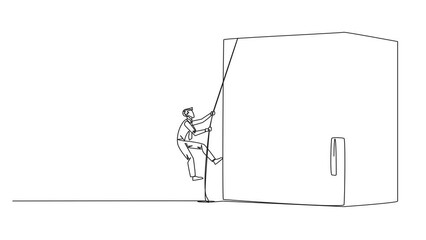 Poster - Animated self drawing of continuous one line drawing businessman climbs safe deposit box with rope. Helps secure important data. Stored in a safe and trusted place. Full length single line animation