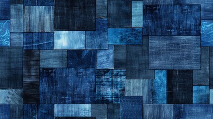 Seamless pattern of various denim wash textures in shades of blue, creating a classic and stylish design