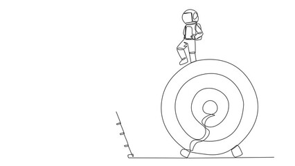Wall Mural - Self drawing animation of single one line drawing astronaut kicks colleague who is climbing the target arrow board with ladder. The metaphor of getting rid of business destroyers. Full length animated