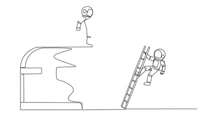 Wall Mural - Animation of single continuous line drawing the astronaut kicks opponent who climbs the treasure chest with ladder. Greed for wealth. Betrayal. Unfair business competition. Full length motion