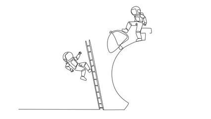 Poster - Self drawing animation of single one line drawing astronaut kicks opponent who climbs the alarm clock with ladder. Arrogance. No need for colleagues to complete many deadlines. Full length animated