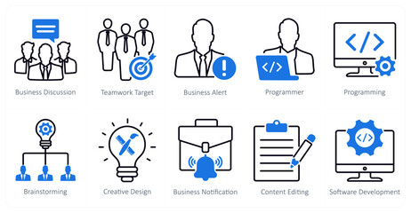 A set of 10 seo icons as business discussion, teamwork target, business alert