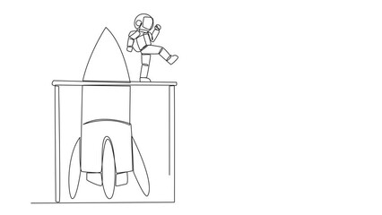 Poster - Self drawing animation of single continuous line drawing astronaut kicks opponent who climbing the rocket with ladder. Failure to open business. Cheated by business. The traitor. Full length animated