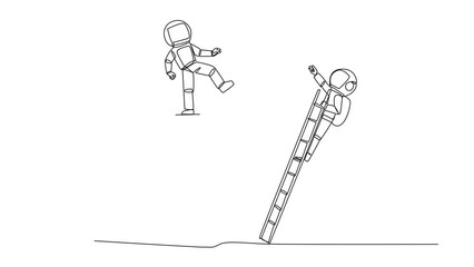 Poster - Animated self drawing of continuous line drawing astronaut kicks opponent who climbing the briefcase with a ladder. Keep away from intruders who disturb business. Full length single line animation
