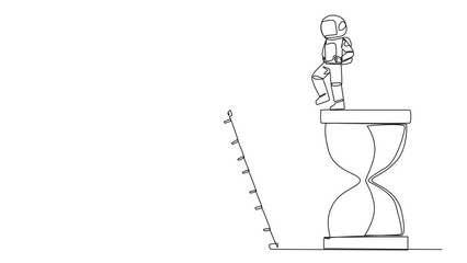 Poster - Animation of continuous one line drawing astronaut kicks opponent who climbing the hourglass with a ladder. Not able to complete deadlines well. Dropped roughly. Rival. Full length motion