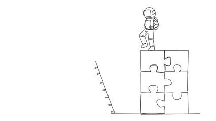 Poster - Animation of single continuous line drawing the astronaut kicks opponent who climbing the puzzle with the stairs. Betrayed by colleague when successfully resolving a problem. Full length motion