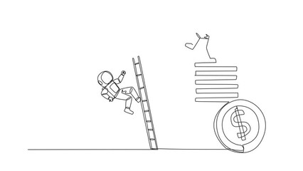 Poster - Animated self drawing of continuous one line drawing astronaut kicks opponent who climbing a pile of coins with a ladder. Forgetting comrades in arms. The traitor. Full length single line animation