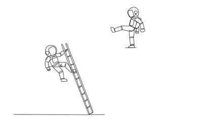 Poster - Animation of single one line drawing astronaut kicks rival who is climbing the diamond with a ladder. Knocking rival down from achieving a glorious position together. Full length motion
