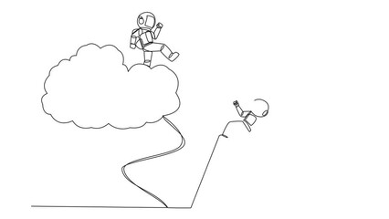 Poster - Animation of single continuous line drawing astronaut kicks opponent who climbing the cloud with a ladder. Perfect achievement in business. Bring down competitors in any way. Full length motion