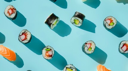 Wall Mural - Bright and appetizing composition of sushi on a light blue background, focusing attention on color and shape