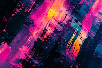 Canvas Print - A cascade of neon grunge textures melting into darkness