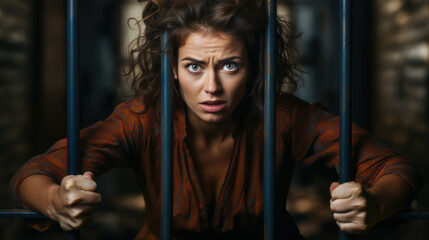 Intense portrait of a worried woman gripping iron bars, her expression conveying a strong emotion of distress and urgency