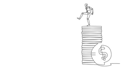 Poster - Self drawing animation of continuous one line drawing robot kicks opponent who climbing a pile of coins with a ladder. Greed for wealth. Forgetting comrades in arms. The traitor. Full length animated