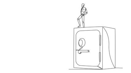Poster - Animated self drawing of continuous line drawing the smart robot kicks opponent who is climbs safe deposit box with ladder. Unable to save important files. Rival. Full length single line animation