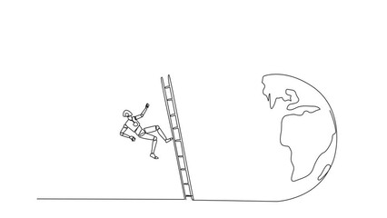 Poster - Animation of continuous one line drawing smart robot kicks opponent who climbing the globe with a ladder. Failed to be on top. Dropped by business friend. Single line draw design vector illustration