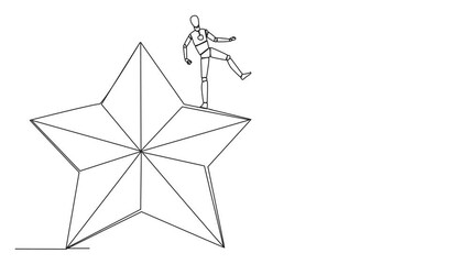 Poster - Animated self drawing of continuous one line drawing smart robot kicks opponent who is climbing the star with the ladder. Dropping opponents from achieving. Rival. Full length single line animation