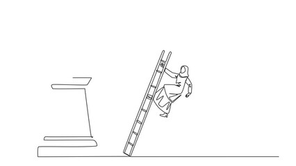 Poster - Animation of single continuous line drawing Arabian businesswoman kicks rival who climbs alarm clock with ladder. Arrogance. No need for colleagues to complete many deadlines. Full length motion