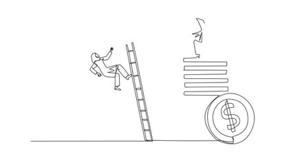Poster - Animated self drawing of continuous line drawing Arabian businesswoman kicks rival who climbs alarm clock with ladder. No need for colleagues to complete deadlines. Full length single line animation
