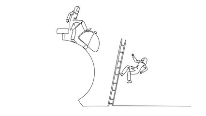 Poster - Self drawing animation of single continuous line drawing Arabian businesswoman kicks rival who climbs alarm clock with ladder. Arrogance. No need for colleagues to complete. Full length animated