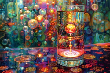 Wall Mural - A mesmerizing digital artwork featuring a glass container with a vibrant, fiery sphere at its center, surrounded by a kaleidoscope of colorful bubbles and intricate patterns reflecting.