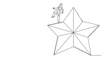 Poster - Animated self drawing of continuous one line drawing Arab businesswoman kicks opponent who climbing the star with a ladder. Dropping opponents from achieving. Rival. Full length single line animation