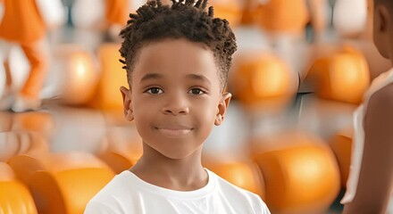 Wall Mural - Young African American boy excited for fitness training session with personal trainer. Concept Fitness Training, Personal Trainer, Young Boy, African American, Excitement