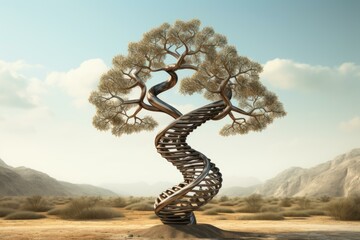 Digital artwork of a unique twisted tree with a spiral trunk in a barren desert setting