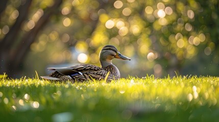 Wall Mural - Duck with a beautiful appearance resting on the lawn illuminated by the sunlight