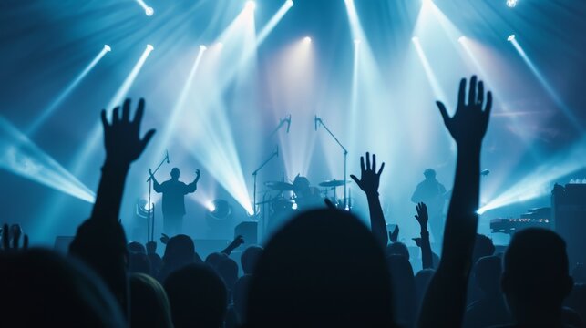 Concert stage with raised hands and bright lights, dynamics and emotions.