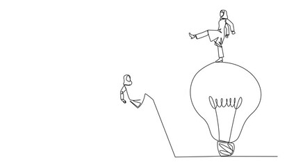 Poster - Self drawing animation of single continuous line drawing Arab businesswoman kicks opponent who climbs lightbulb with a ladder. Dropping colleague because don't have bright ideas. Full length animated