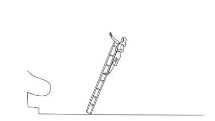 Poster - Self drawing animation of single one line drawing Arab businesswoman kicks rival who climbing dollar symbol with ladder. Unhealthy competition. Using rough methods to bring down. Full length animated